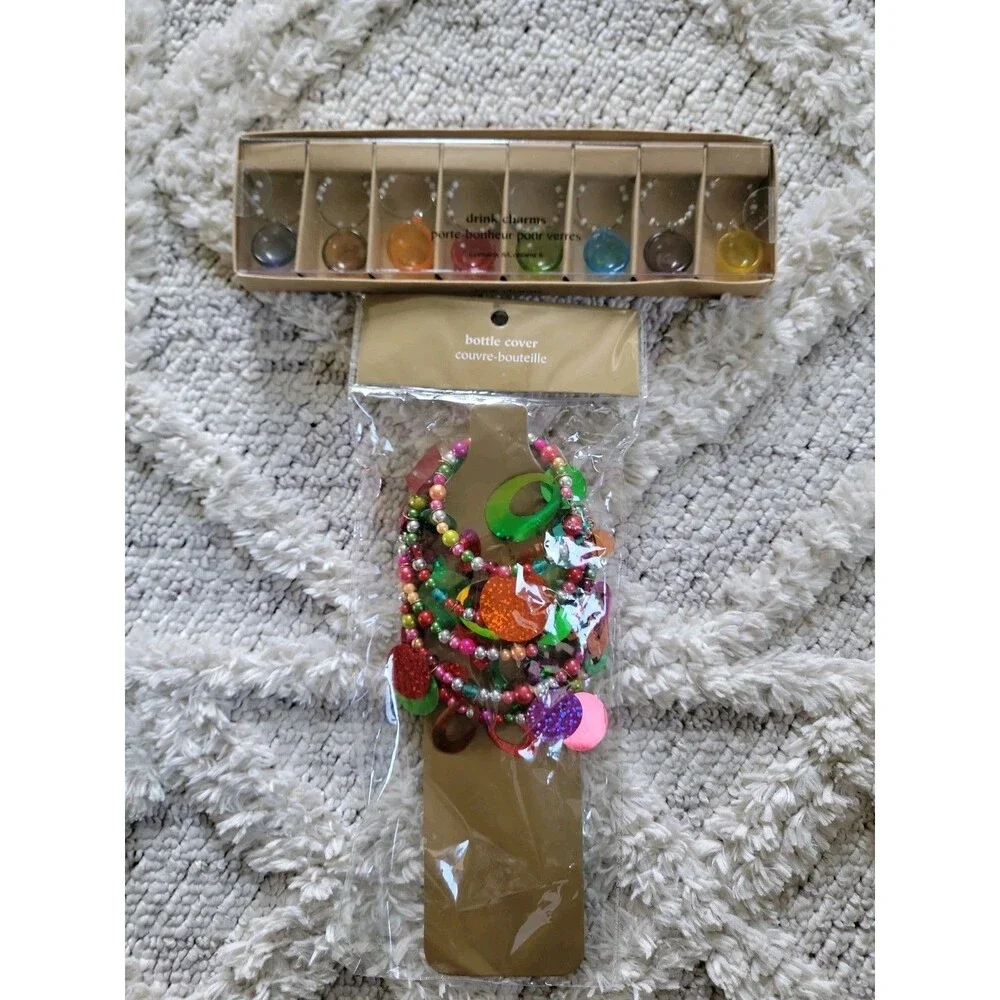 Pier 1 Imports Beaded Drink Charms And Beaded Bottle Cover NWT